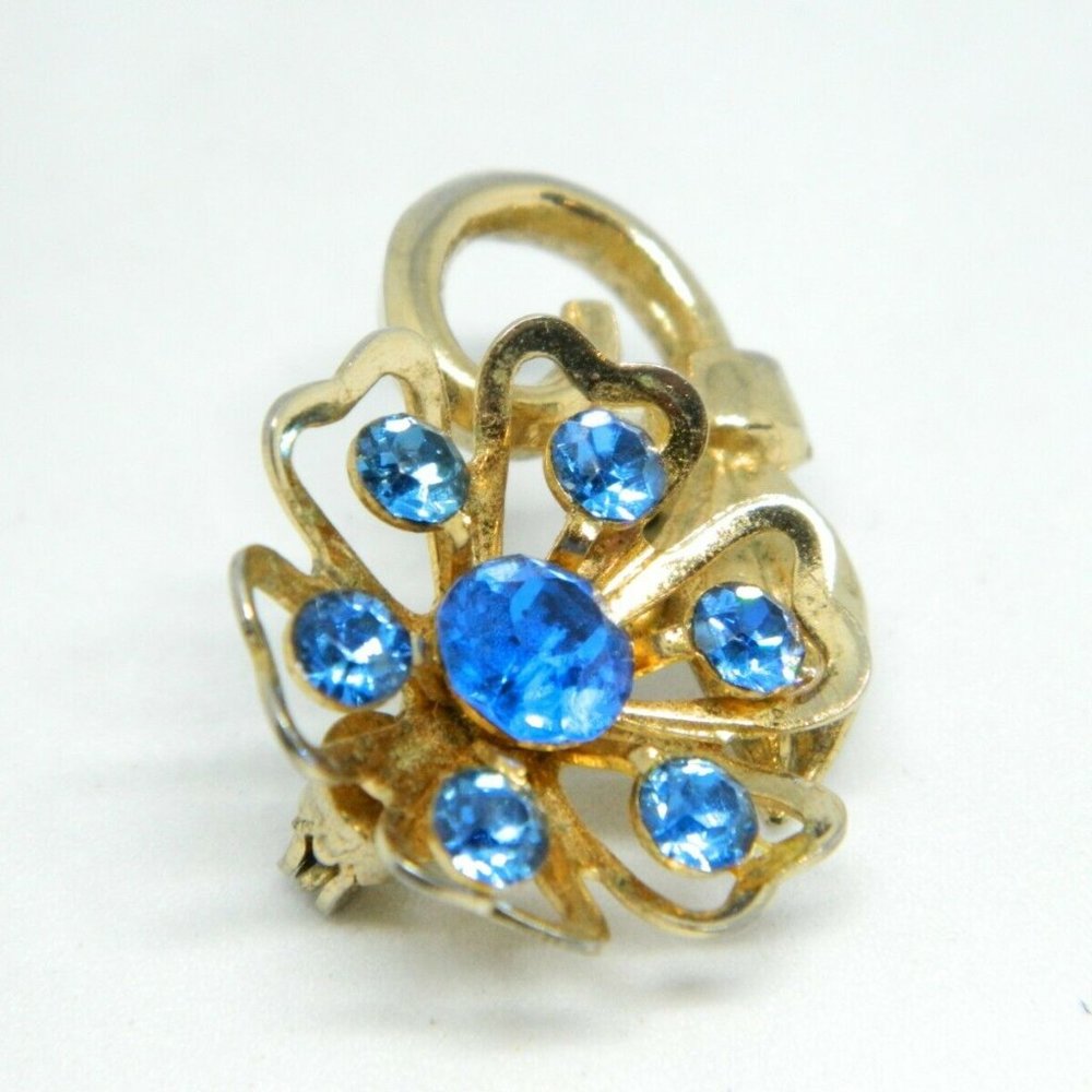 Gold Tone CORO Blue Rhinestone Flower Pin Brooch - Picture 2 of 4